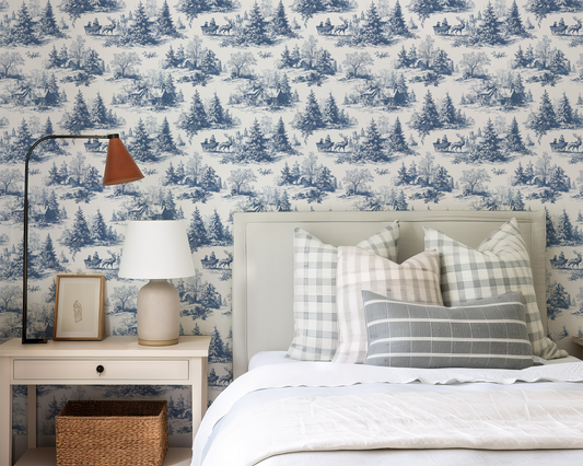 Toile wallpaper in a white bedroom