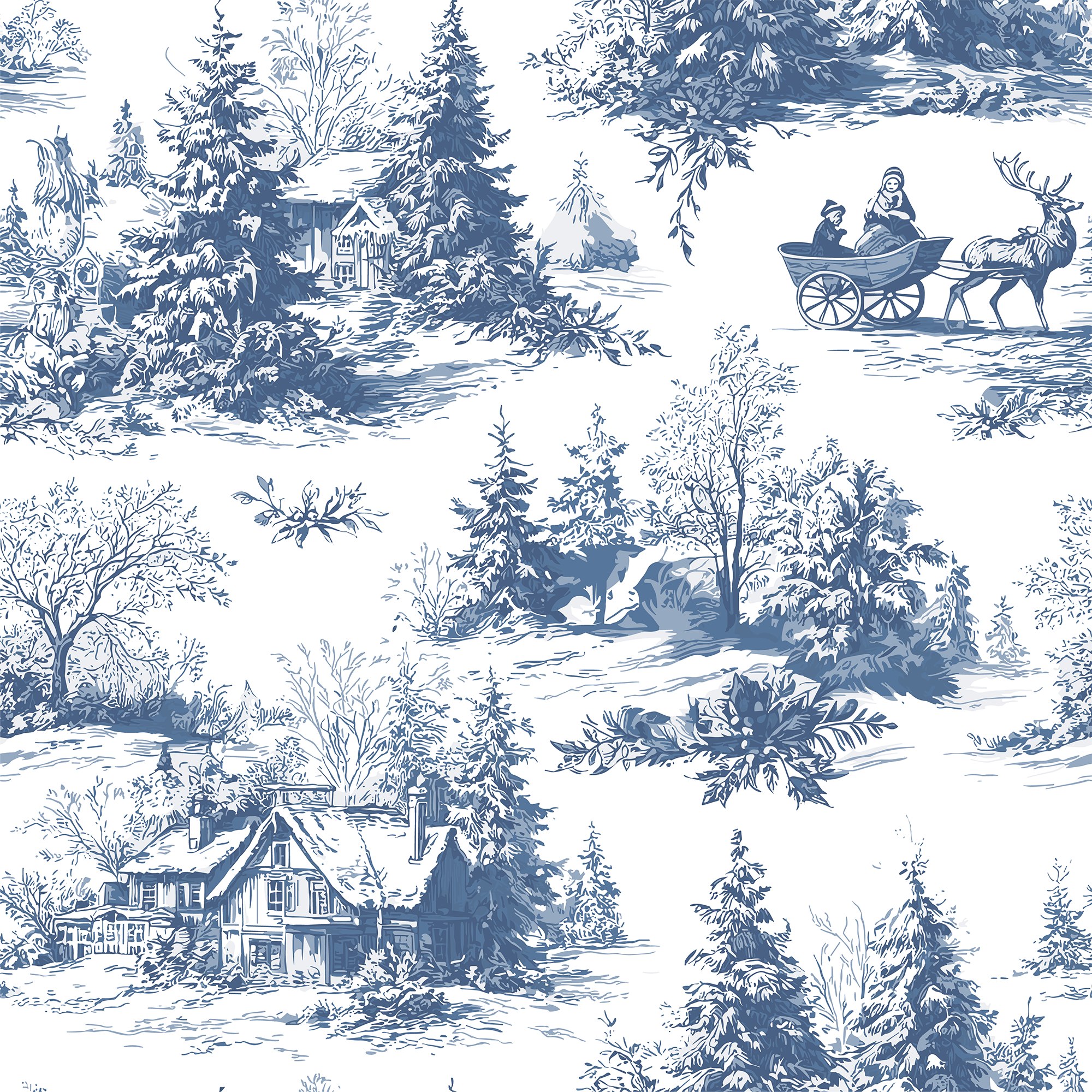 Winter scene with houses, trees, and a deer pulling a sleigh on a white background