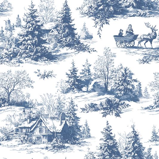Winter scene with houses, trees, and a deer pulling a sleigh on a white background