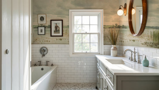 Beverley Wallpaper in a Bathroom with bathtub, sink, and decorative elements