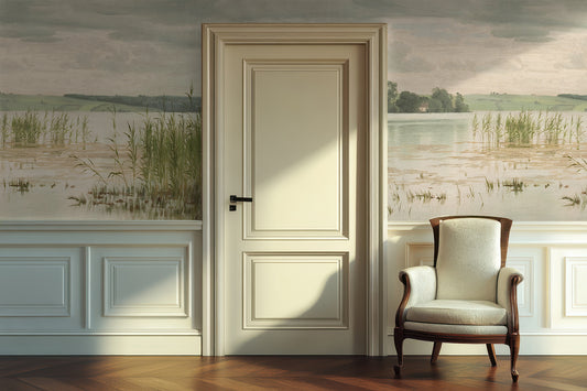 Beverley Wallpaper with a White door in a room with a painting of a landscape on the wall.