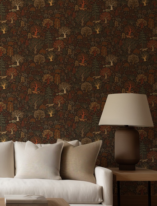 Living room with a patterned wall, beige sofa, and lamp.