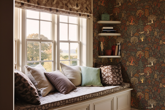 Cozy window seat with pillows against a patterned wall