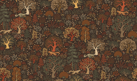Patterned Wallpaper with trees and animals on a dark background