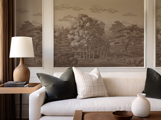 Living room with a beige sofa, decorative pillows, a lamp, and wall art.