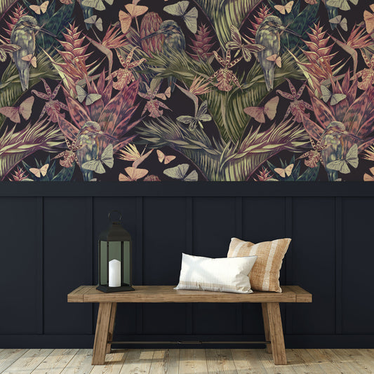 Calla in hallway with wooden bench and dark blue panelling