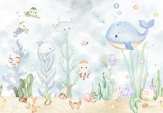 Caspian Baby Watercolour Ocean Life Nursery Wallpaper Mural Full Artwork