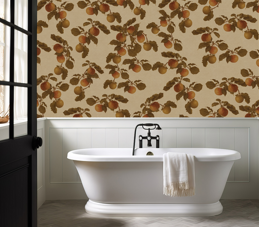 Cézanne Wallpaper in a white bathroom and black doors 