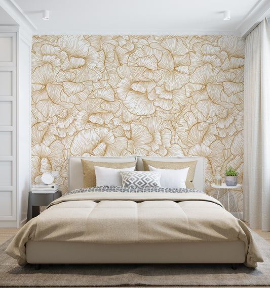 Chanterelle Gold Wallpaper Beige floral wallpaper in a bedroom with a bed and side tables.