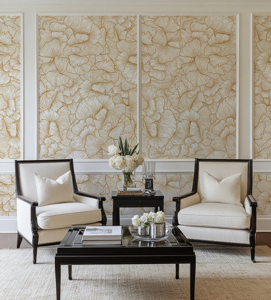 Chanterelle Gold Wallpaper in a Living room with floral wallpaper, two armchairs, and a coffee table.