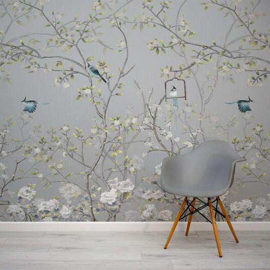 Chisiine Silver Wallpaper In Room With Grey Chair