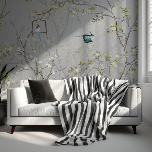 Chisine Silver Wallpaper In Living Room With White Sofa With Black & White Blankets