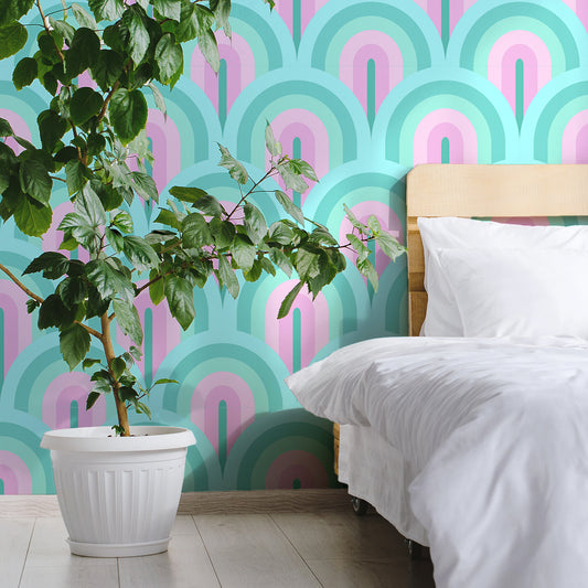 Circular Cascade Wallpaper Mural In Bedroom With Large Plant