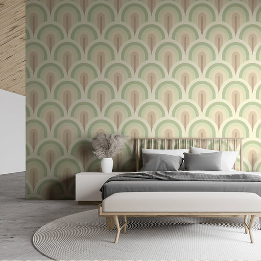 Circular Cascade Wallpaper Mural In Open Bedroom With Grey Bed