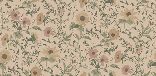Clytie Floral pattern with sunflowers and vines on a beige background