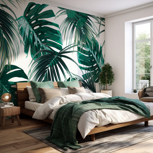 Copacabana Wallpaper In Bedroom With Green Bedding And Wooden Bed With Large Window Letting Lots Of Light In