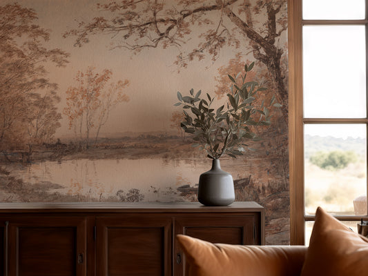 Room interior with a wooden cabinet, vase with plants, and wall mural of a landscape.