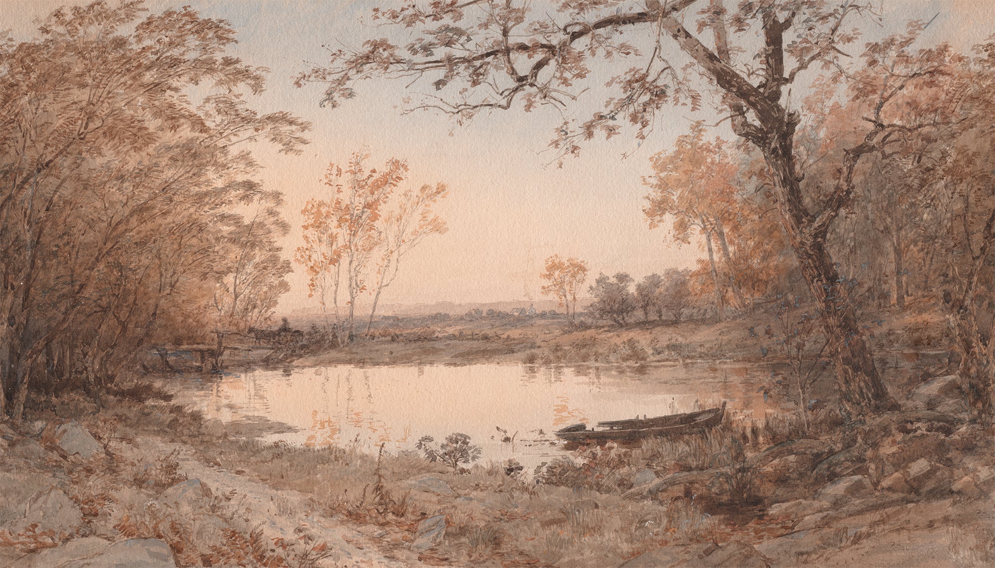  Dahlia Wallpaper Landscape painting of a riverbank with trees and a boat at sunset.