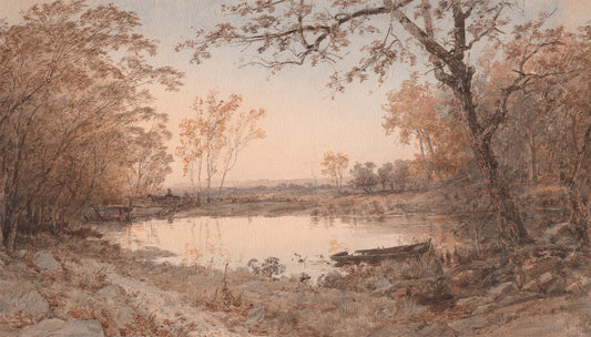  Dahlia Wallpaper Landscape painting of a riverbank with trees and a boat at sunset.