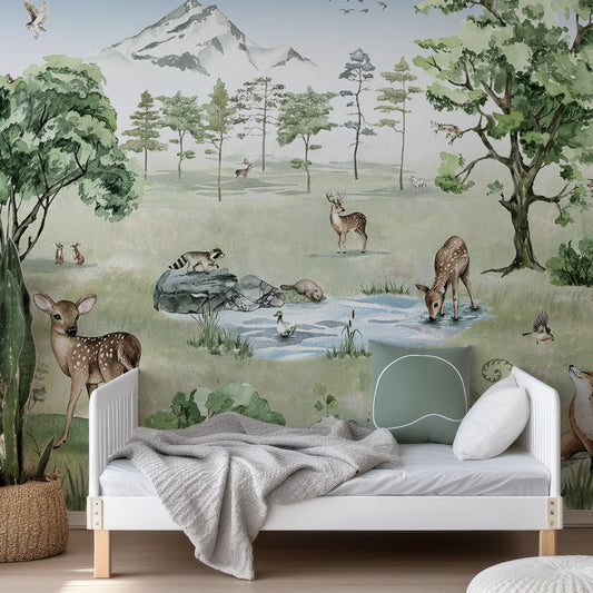 Deer Forest Summer Wallpaper In Child's Bedroom With Green Bedding With White Bed And White Bed Frame