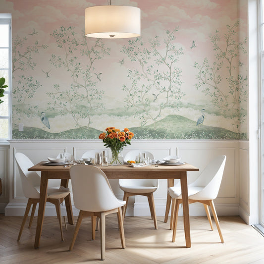 Dining room with floral wallpaper, wooden table, and white chairs.