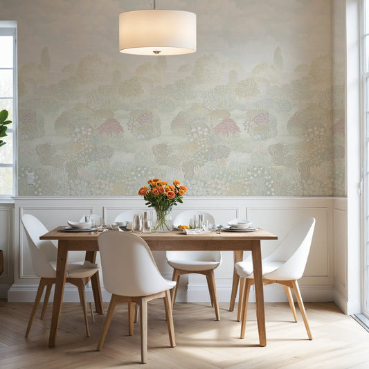 Dining room with wooden table and white chairs against a floral wallpapered wall.