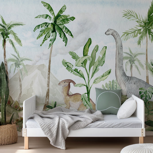 Dino Joy Wallpaper In Child's Bedroom With Green Bedding With White Bed And White Bed Frame