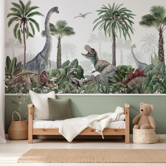 Dinosaur Jungle Wallpaper In Child's Bedroom With Small Wooden Bed And White And Green Bedding With Half Wallpapered Wall And Half Painted Green Wall