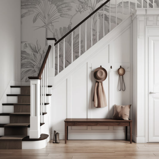 Dominica Mono Wallpaper In Hallway With Dark Wooden And White Stairway