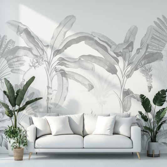 Dominica Mono Wallpaper In Living Roo With White Sofa With Large Plants In Green Either Side Of Sofa In Plant Pots