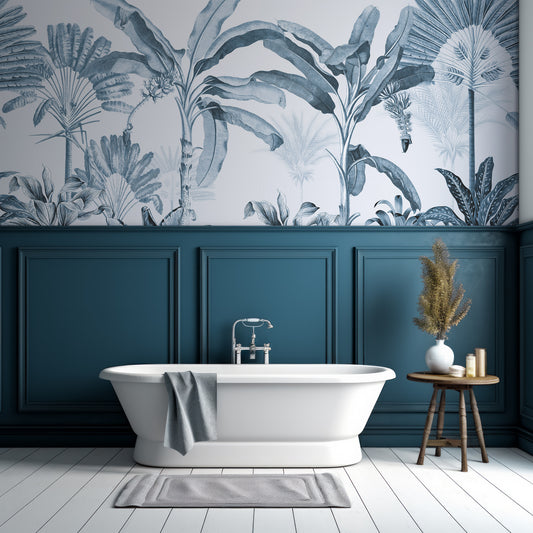 Dominica Wallpaper In Bathroom With Half Navy Panelled Wall and White Wall As Well As Bathtub