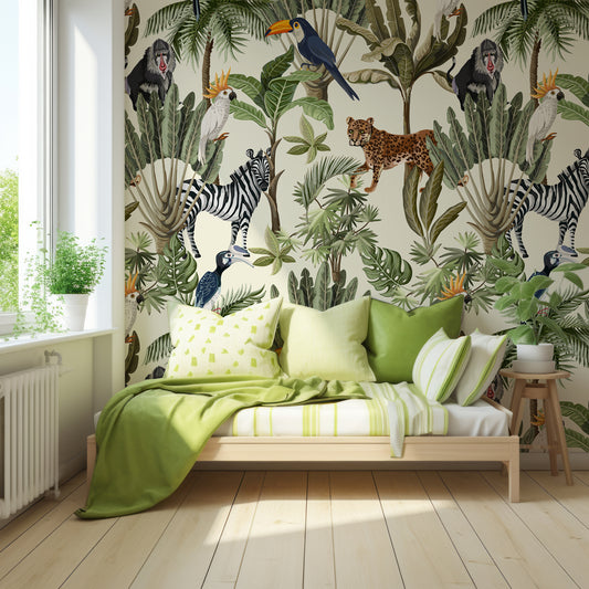 Dreaker Wallpaper In Children's Bedroom With Green Bedding On Wooden Bed With Lots Of Light Coming In