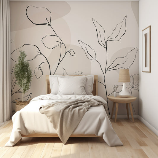 Dusty Botany Wallpaper In Bedroom With Small Single Bed With Wooden Frame And Beige Bedding