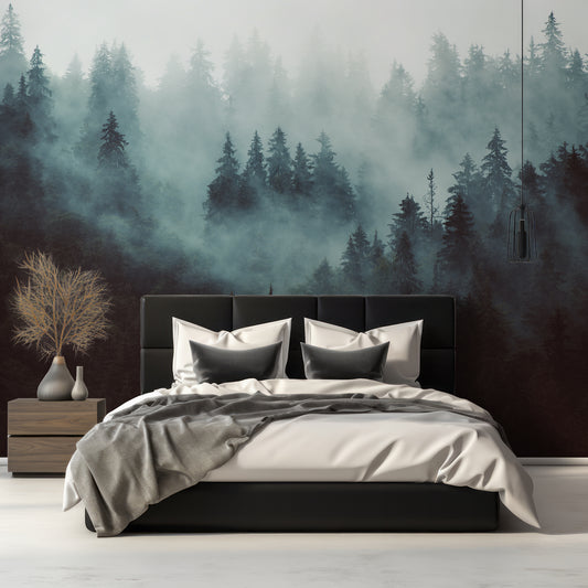 Easurven Wallpaper In Bedroom With Black Queen Size Bed With Wooden Cabinets And Plants