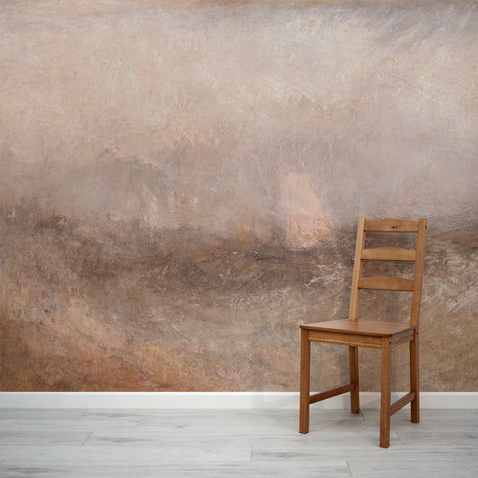Elena Wallpaper with a Wooden chair against a textured brown wall