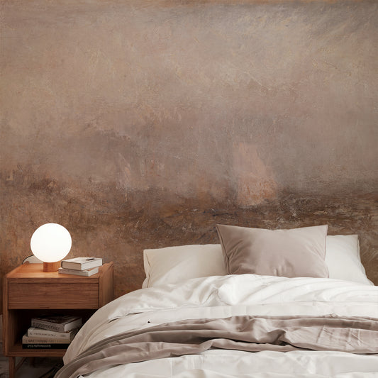 Elena Wallpaper in a Bedroom with a textured brown wall, bed with white bedding, and wooden nightstand.