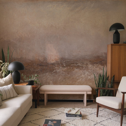 Elena Wallpaper in a Modern living room with a textured wall, sofa, armchair, and coffee table.