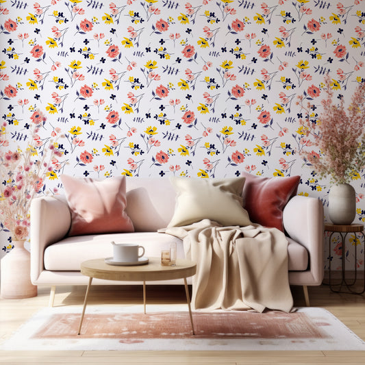 Emplems Floral Wallpaper In Living Room With Beige Sofa With Red And Golden Cushions And Pink Plants