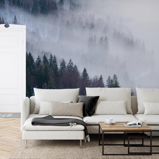 Enchanted Alpine Forest in living room with white sofa with black cushions and wooden coffee table
