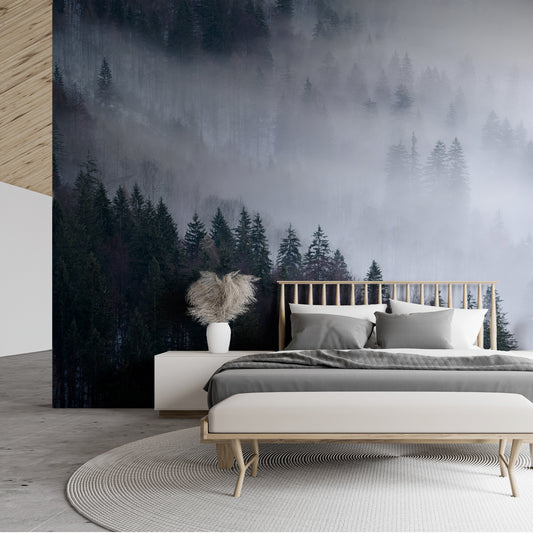 Enchanted Alpine Forest wallpaper in open bedroom with wooden bed with white and grey bedding