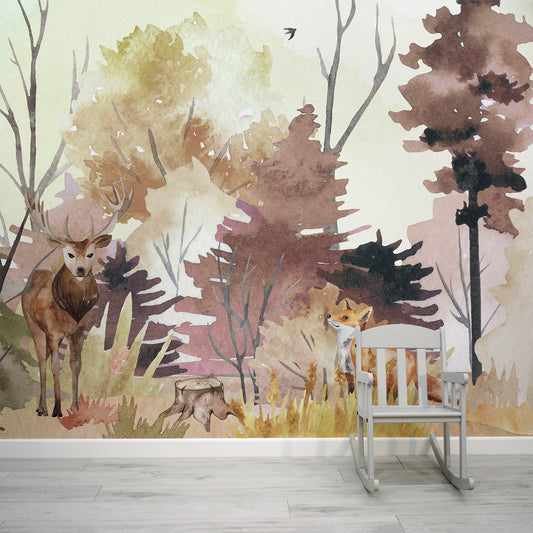 Enchanted Autumn Watercolour Woodland Animals Wallpaper Mural with Child's Chair
