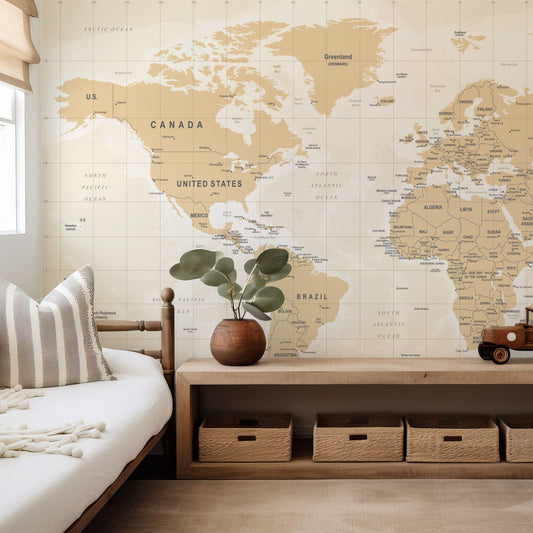 Fabrate in neutral kids room with plant and toy tractor