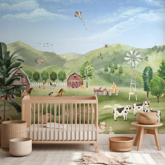Farm Joy Wallpaper In Nursery With Wooden Crib And Green Plant And Wooden Stools