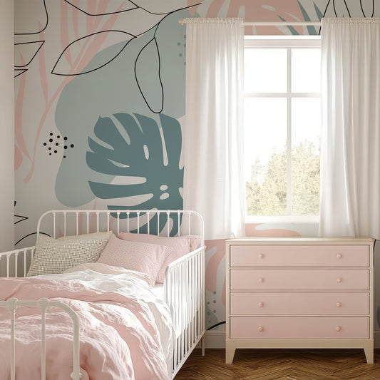 Foliage Blush in bedroom with pink drawers and white curtains