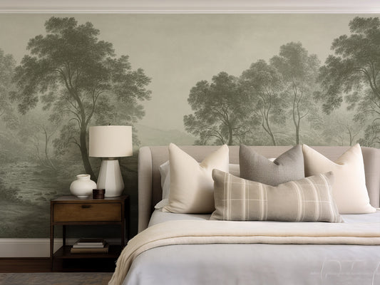 Bedroom with a large bed against a wall featuring a nature-themed mural.