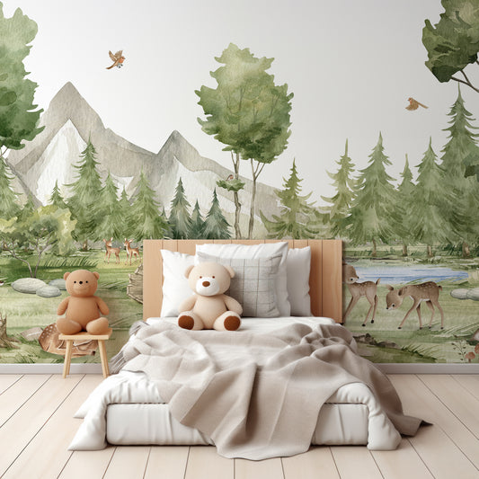 Forest Joy Wallpaper In Children's Bedroom With Beige And Grey Bedding With Teddy Bears On Bed