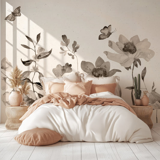 Garden Party Sepia In Bedroom With Peach & White Bedding On Double Bed