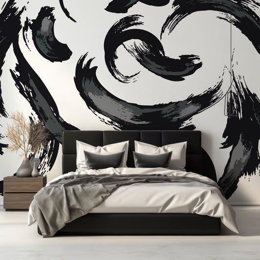 Gergo Black & White Wallpaper In Bedroom With Black Queen Size Bed With Wooden Cabinets And Plants