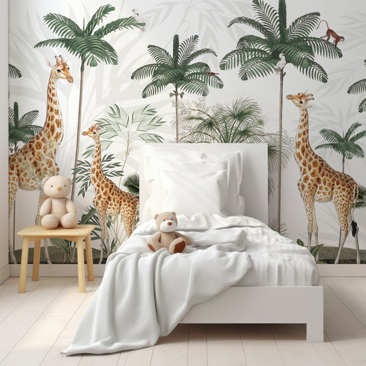 Gracious Giraffes Wallpaper In Room With White Chair And White Blanket And Cushions And Teddies