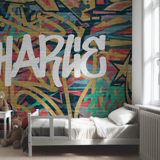 Graffiti Expressions In Child's Bedroom With Grey Bed And Two Brown Teddy Bears